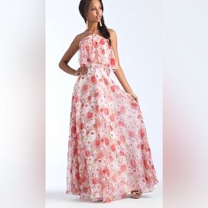 A cropped ruffled bodice adds a modern touch to this A-Line Chiffon dress